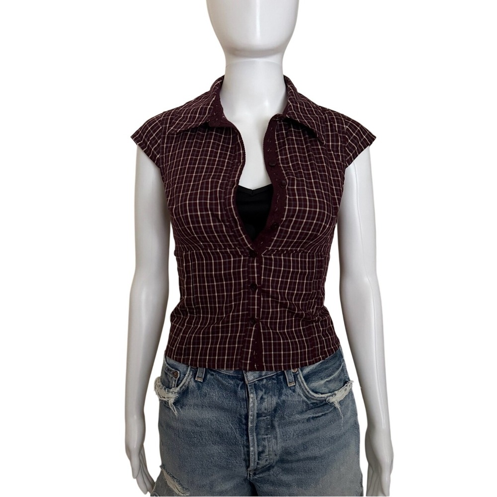 RSQ Burgundy Plaid Cap-Sleeve Button-Up Top Size XXS